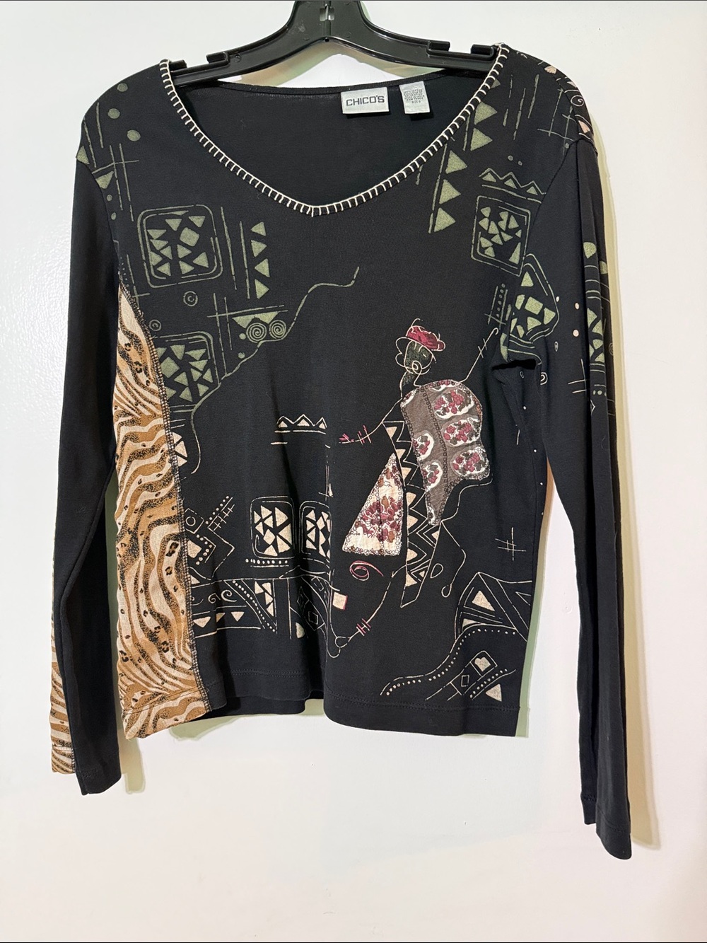 Chico's Black Long-Sleeve V-Neck Top with Multicolor Tribal Panels